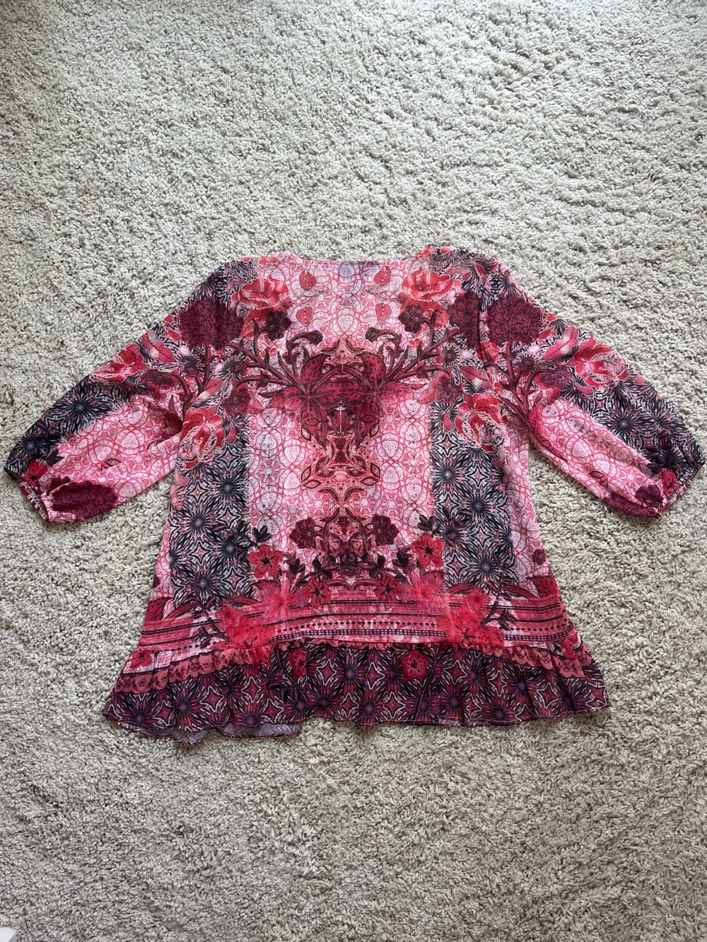 Style & Co. Sheer Pink & Black Floral Tie-Neck 3/4 Sleeve Boho Blouse - Picture 2 of 6